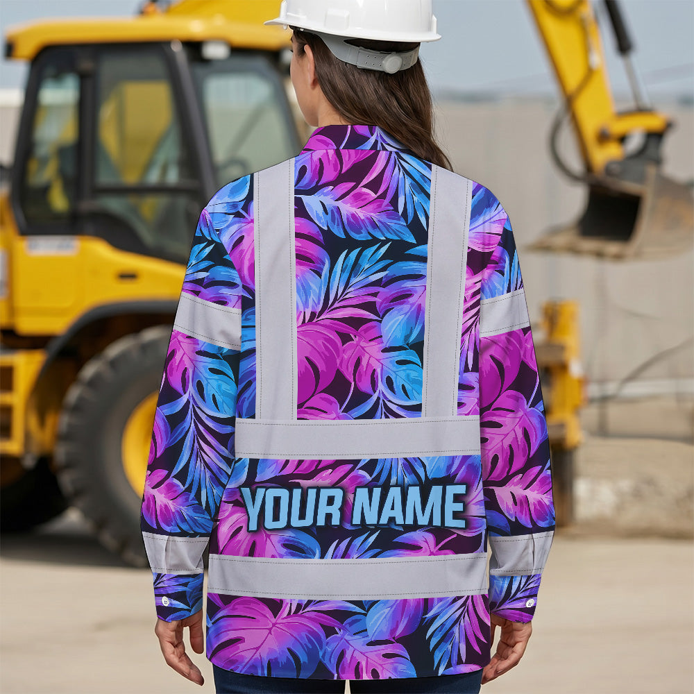 Hi Vis Hawaiian Long Sleeve Shirt Reflective Tapes Gradient Blue Violet Custom Name Safety Workwear For Workers, Truckers, Operators