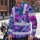 Hi Vis Hawaiian Long Sleeve Shirt Reflective Tapes Gradient Blue Violet Custom Name Safety Workwear For Workers, Truckers, Operators