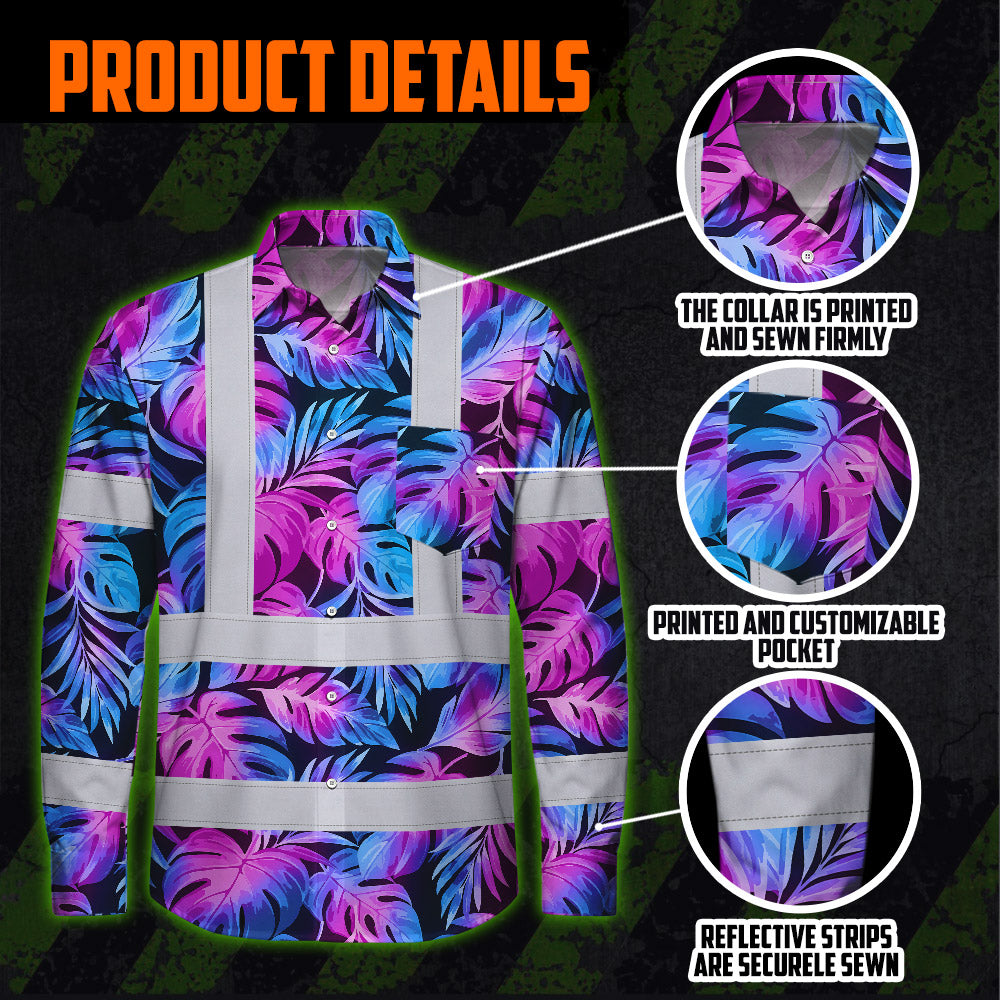 Hi Vis Hawaiian Long Sleeve Shirt Reflective Tapes Gradient Blue Violet Custom Name Safety Workwear For Workers, Truckers, Operators