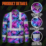 Hi Vis Hawaiian Long Sleeve Shirt Reflective Tapes Gradient Blue Violet Custom Name Safety Workwear For Workers, Truckers, Operators