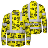 Hi Vis Hawaiian Long Sleeve Shirt Reflective Tapes Yellow Neon And Black Flowers Custom Name And Logo Safety Workwear For Workers, Truckers, Operators, Company