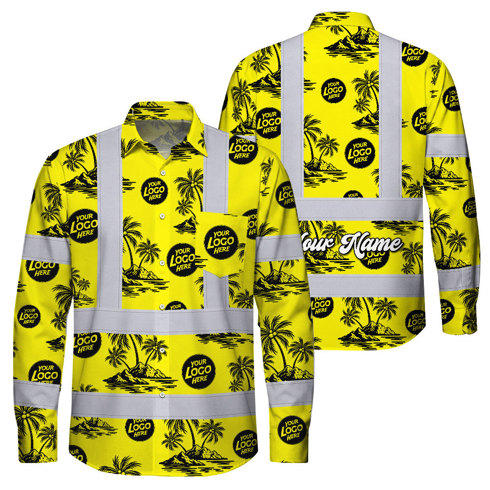 Hi Vis Hawaiian Long Sleeve Shirt Reflective Tapes Yellow Neon And Black Flowers Custom Name And Logo Safety Workwear For Workers, Truckers, Operators, Company