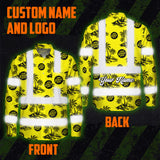 Hi Vis Hawaiian Long Sleeve Shirt Reflective Tapes Yellow Neon And Black Flowers Custom Name And Logo Safety Workwear For Workers, Truckers, Operators, Company