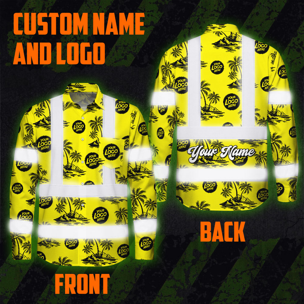 Hi Vis Hawaiian Long Sleeve Shirt Reflective Tapes Yellow Neon And Black Flowers Custom Name And Logo Safety Workwear For Workers, Truckers, Operators, Company
