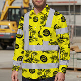 Hi Vis Hawaiian Long Sleeve Shirt Reflective Tapes Yellow Neon And Black Flowers Custom Name And Logo Safety Workwear For Workers, Truckers, Operators, Company
