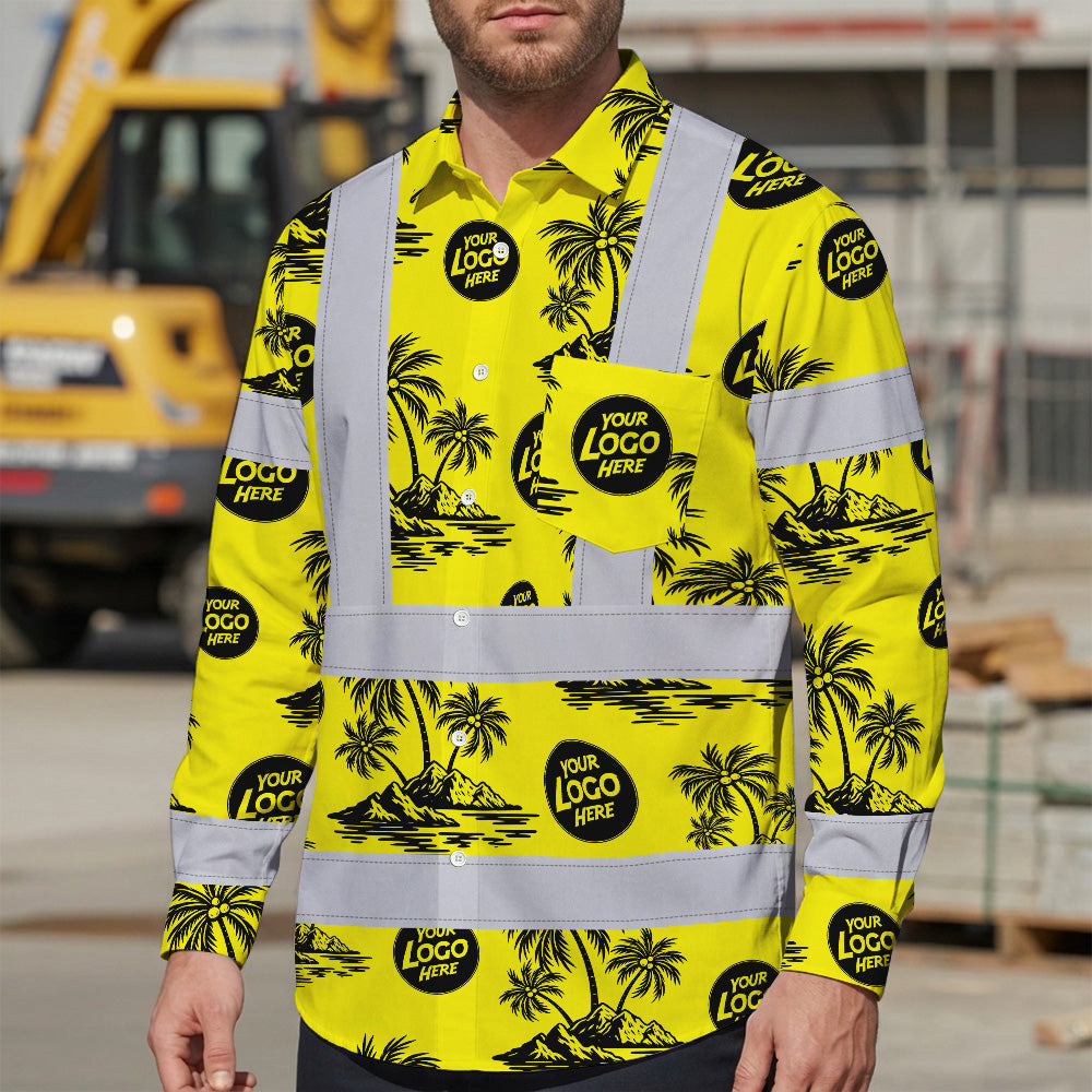 Hi Vis Hawaiian Long Sleeve Shirt Reflective Tapes Yellow Neon And Black Flowers Custom Name And Logo Safety Workwear For Workers, Truckers, Operators, Company