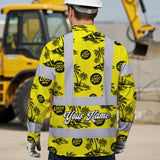 Hi Vis Hawaiian Long Sleeve Shirt Reflective Tapes Yellow Neon And Black Flowers Custom Name And Logo Safety Workwear For Workers, Truckers, Operators, Company