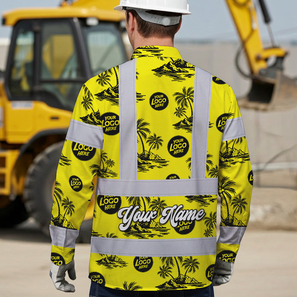 Hi Vis Hawaiian Long Sleeve Shirt Reflective Tapes Yellow Neon And Black Flowers Custom Name And Logo Safety Workwear For Workers, Truckers, Operators, Company