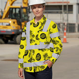Hi Vis Hawaiian Long Sleeve Shirt Reflective Tapes Yellow Neon And Black Flowers Custom Name And Logo Safety Workwear For Workers, Truckers, Operators, Company
