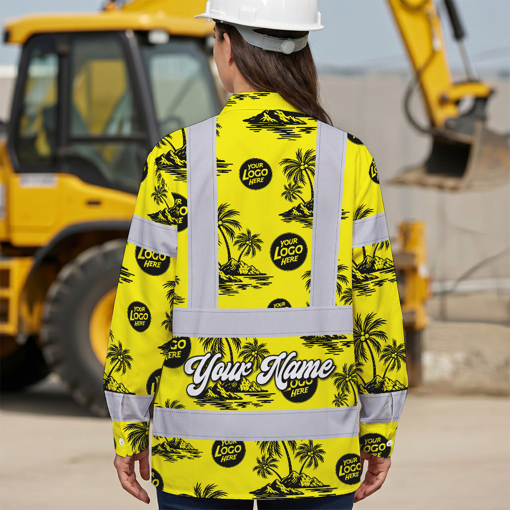 Hi Vis Hawaiian Long Sleeve Shirt Reflective Tapes Yellow Neon And Black Flowers Custom Name And Logo Safety Workwear For Workers, Truckers, Operators, Company
