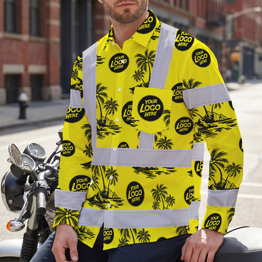 Hi Vis Hawaiian Long Sleeve Shirt Reflective Tapes Yellow Neon And Black Flowers Custom Name And Logo Safety Workwear For Workers, Truckers, Operators, Company