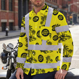 Hi Vis Hawaiian Long Sleeve Shirt Reflective Tapes Yellow Neon And Black Flowers Custom Name And Logo Safety Workwear For Workers, Truckers, Operators, Company