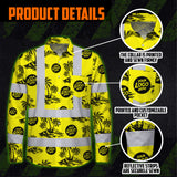 Hi Vis Hawaiian Long Sleeve Shirt Reflective Tapes Yellow Neon And Black Flowers Custom Name And Logo Safety Workwear For Workers, Truckers, Operators, Company