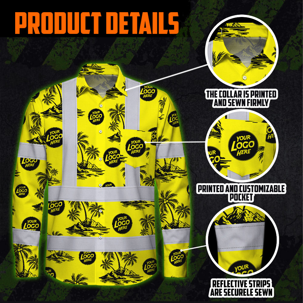 Hi Vis Hawaiian Long Sleeve Shirt Reflective Tapes Yellow Neon And Black Flowers Custom Name And Logo Safety Workwear For Workers, Truckers, Operators, Company