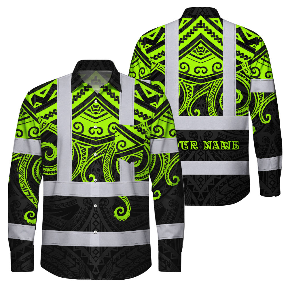 Hi Vis Hawaiian Long Sleeve Shirt Reflective Tapes  Octopus Hawaiian Polynesian Tribal Custom Name Safety Workwear For Workers, Truckers, Operators