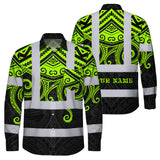Hi Vis Hawaiian Long Sleeve Shirt Reflective Tapes  Octopus Hawaiian Polynesian Tribal Custom Name Safety Workwear For Workers, Truckers, Operators