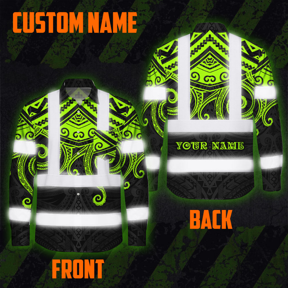Hi Vis Hawaiian Long Sleeve Shirt Reflective Tapes  Octopus Hawaiian Polynesian Tribal Custom Name Safety Workwear For Workers, Truckers, Operators