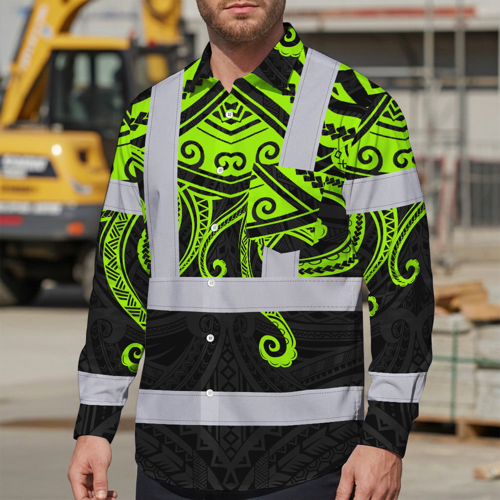 Hi Vis Hawaiian Long Sleeve Shirt Reflective Tapes  Octopus Hawaiian Polynesian Tribal Custom Name Safety Workwear For Workers, Truckers, Operators