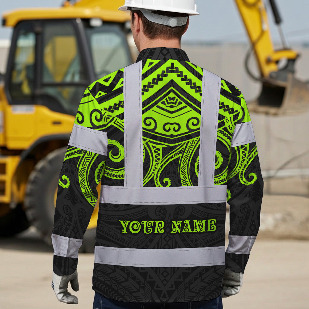 Hi Vis Hawaiian Long Sleeve Shirt Reflective Tapes  Octopus Hawaiian Polynesian Tribal Custom Name Safety Workwear For Workers, Truckers, Operators