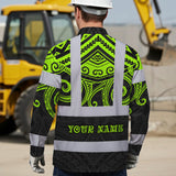 Hi Vis Hawaiian Long Sleeve Shirt Reflective Tapes  Octopus Hawaiian Polynesian Tribal Custom Name Safety Workwear For Workers, Truckers, Operators