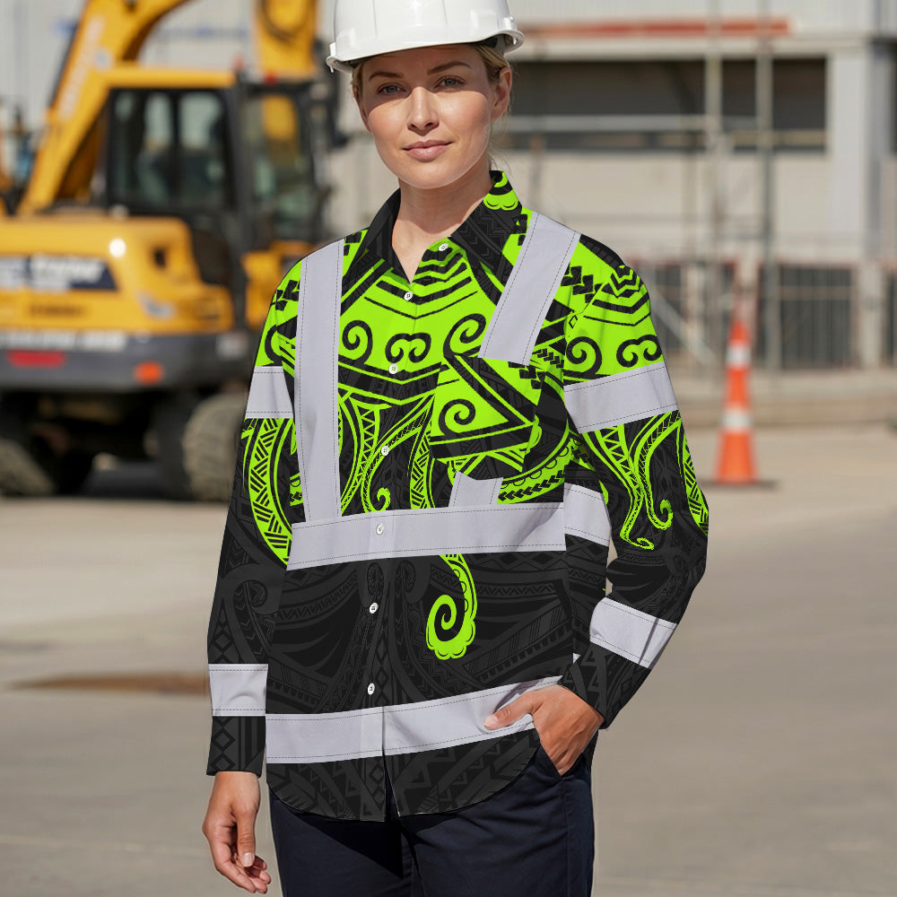 Hi Vis Hawaiian Long Sleeve Shirt Reflective Tapes  Octopus Hawaiian Polynesian Tribal Custom Name Safety Workwear For Workers, Truckers, Operators