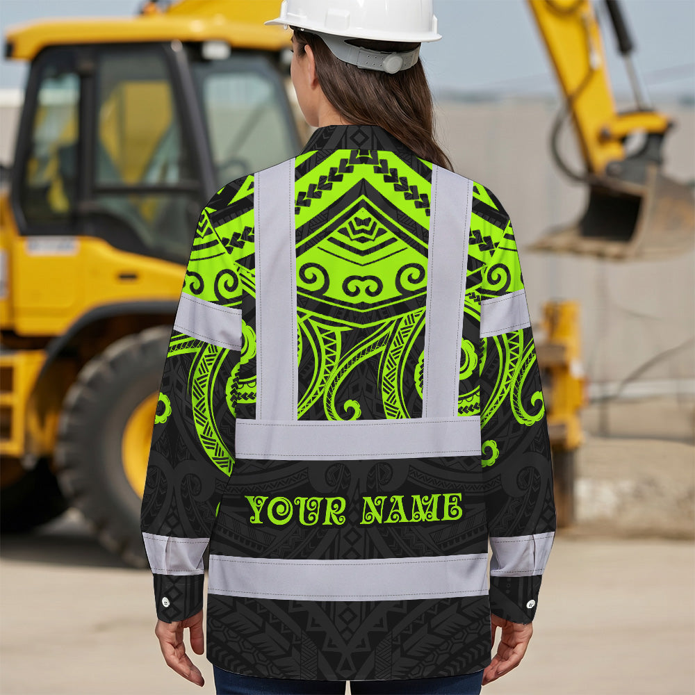 Hi Vis Hawaiian Long Sleeve Shirt Reflective Tapes  Octopus Hawaiian Polynesian Tribal Custom Name Safety Workwear For Workers, Truckers, Operators