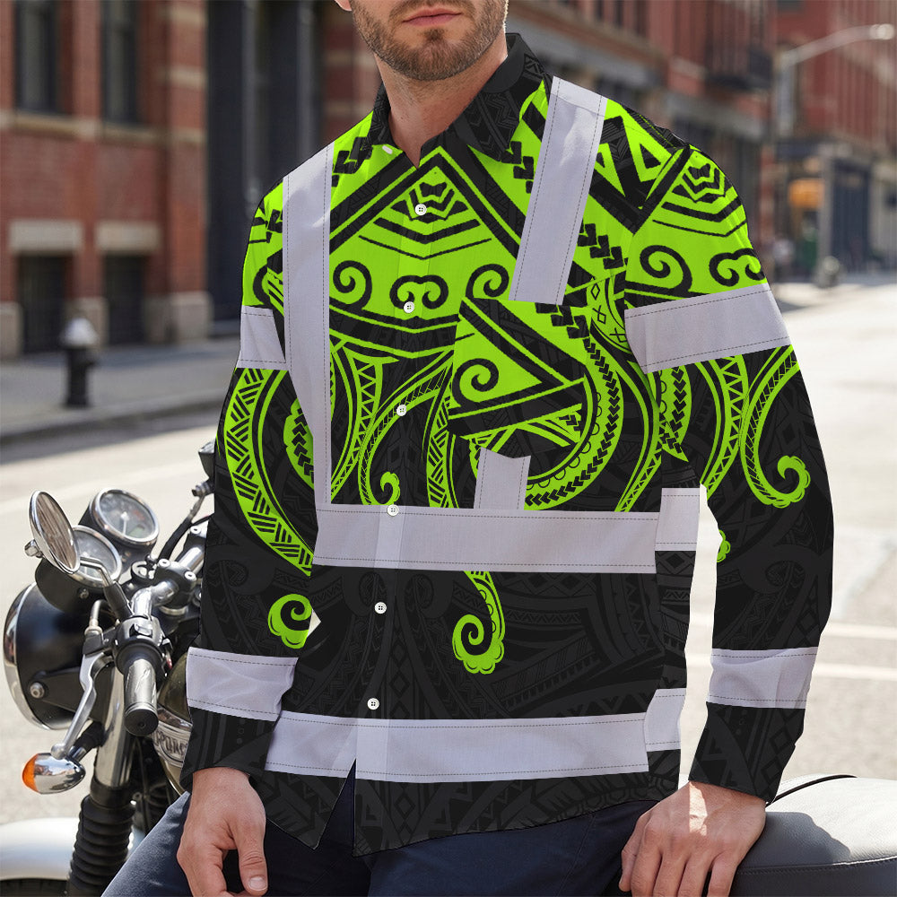 Hi Vis Hawaiian Long Sleeve Shirt Reflective Tapes  Octopus Hawaiian Polynesian Tribal Custom Name Safety Workwear For Workers, Truckers, Operators