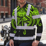 Hi Vis Hawaiian Long Sleeve Shirt Reflective Tapes  Octopus Hawaiian Polynesian Tribal Custom Name Safety Workwear For Workers, Truckers, Operators