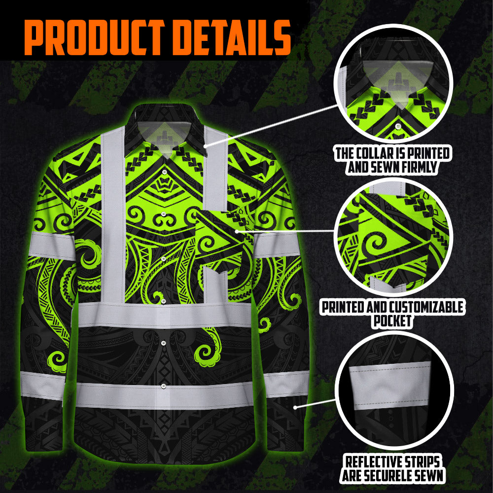 Hi Vis Hawaiian Long Sleeve Shirt Reflective Tapes  Octopus Hawaiian Polynesian Tribal Custom Name Safety Workwear For Workers, Truckers, Operators