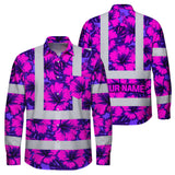 Hi Vis Hawaiian Long Sleeve Shirt Reflective Tapes Violet Neon And Pink Flowers Custom Name Safety Workwear For Workers, Truckers, Operators