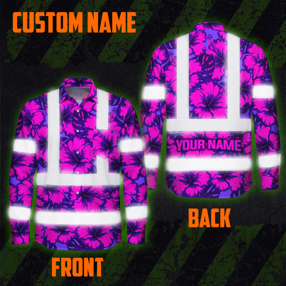Hi Vis Hawaiian Long Sleeve Shirt Reflective Tapes Violet Neon And Pink Flowers Custom Name Safety Workwear For Workers, Truckers, Operators