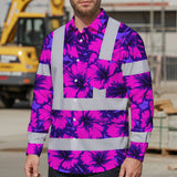 Hi Vis Hawaiian Long Sleeve Shirt Reflective Tapes Violet Neon And Pink Flowers Custom Name Safety Workwear For Workers, Truckers, Operators
