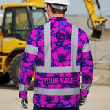 Hi Vis Hawaiian Long Sleeve Shirt Reflective Tapes Violet Neon And Pink Flowers Custom Name Safety Workwear For Workers, Truckers, Operators