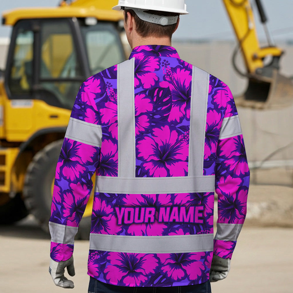 Hi Vis Hawaiian Long Sleeve Shirt Reflective Tapes Violet Neon And Pink Flowers Custom Name Safety Workwear For Workers, Truckers, Operators