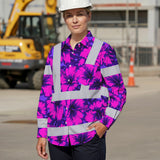 Hi Vis Hawaiian Long Sleeve Shirt Reflective Tapes Violet Neon And Pink Flowers Custom Name Safety Workwear For Workers, Truckers, Operators