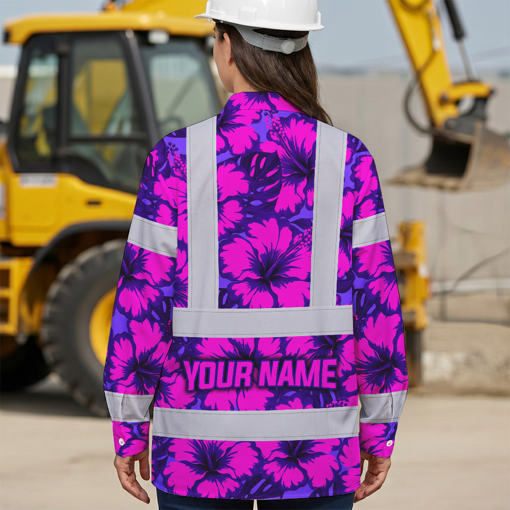 Hi Vis Hawaiian Long Sleeve Shirt Reflective Tapes Violet Neon And Pink Flowers Custom Name Safety Workwear For Workers, Truckers, Operators