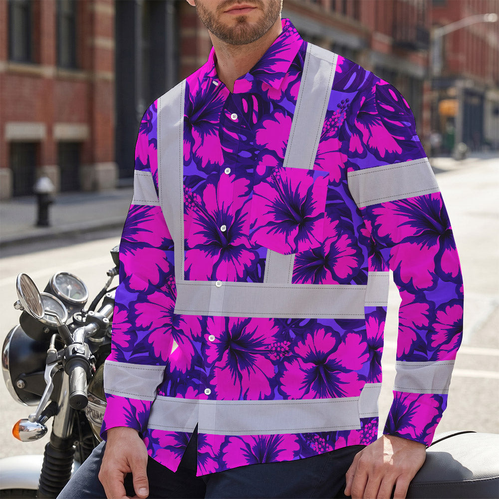 Hi Vis Hawaiian Long Sleeve Shirt Reflective Tapes Violet Neon And Pink Flowers Custom Name Safety Workwear For Workers, Truckers, Operators