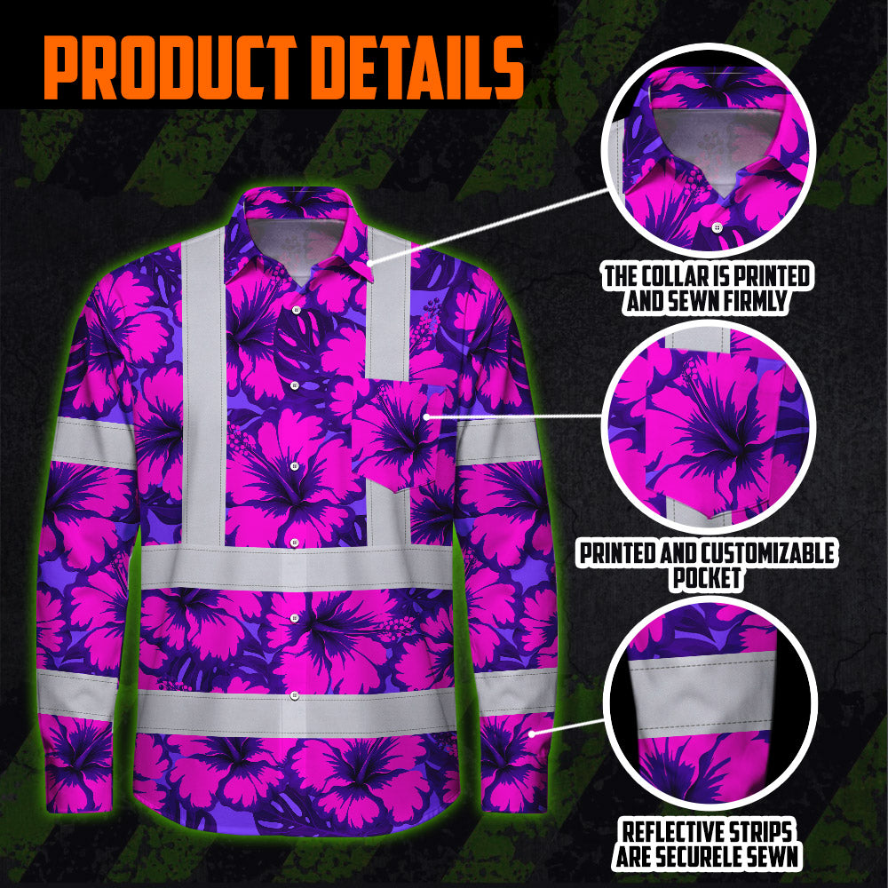 Hi Vis Hawaiian Long Sleeve Shirt Reflective Tapes Violet Neon And Pink Flowers Custom Name Safety Workwear For Workers, Truckers, Operators