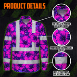 Hi Vis Hawaiian Long Sleeve Shirt Reflective Tapes Violet Neon And Pink Flowers Custom Name Safety Workwear For Workers, Truckers, Operators