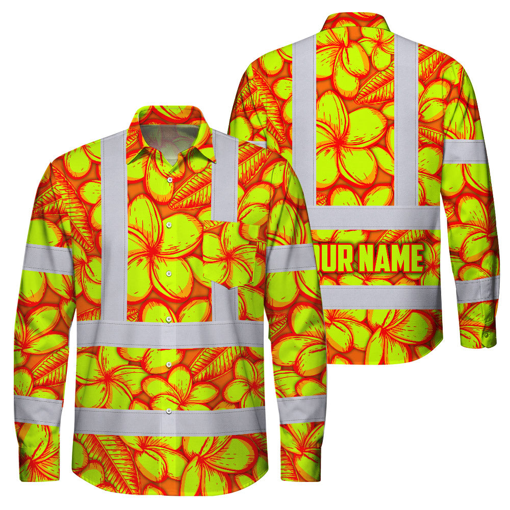 Hi Vis Hawaiian Long Sleeve Shirt Reflective Tapes Orange Neon Lime Plumeria Custom Name Safety Workwear For Workers, Truckers, Operators