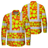 Hi Vis Hawaiian Long Sleeve Shirt Reflective Tapes Orange Neon Lime Plumeria Custom Name Safety Workwear For Workers, Truckers, Operators