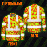 Hi Vis Hawaiian Long Sleeve Shirt Reflective Tapes Orange Neon Lime Plumeria Custom Name Safety Workwear For Workers, Truckers, Operators