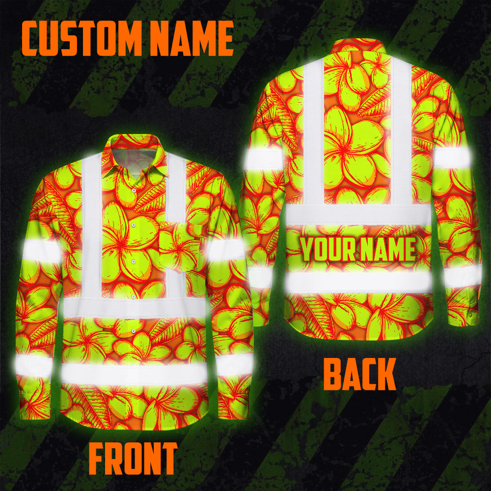 Hi Vis Hawaiian Long Sleeve Shirt Reflective Tapes Orange Neon Lime Plumeria Custom Name Safety Workwear For Workers, Truckers, Operators