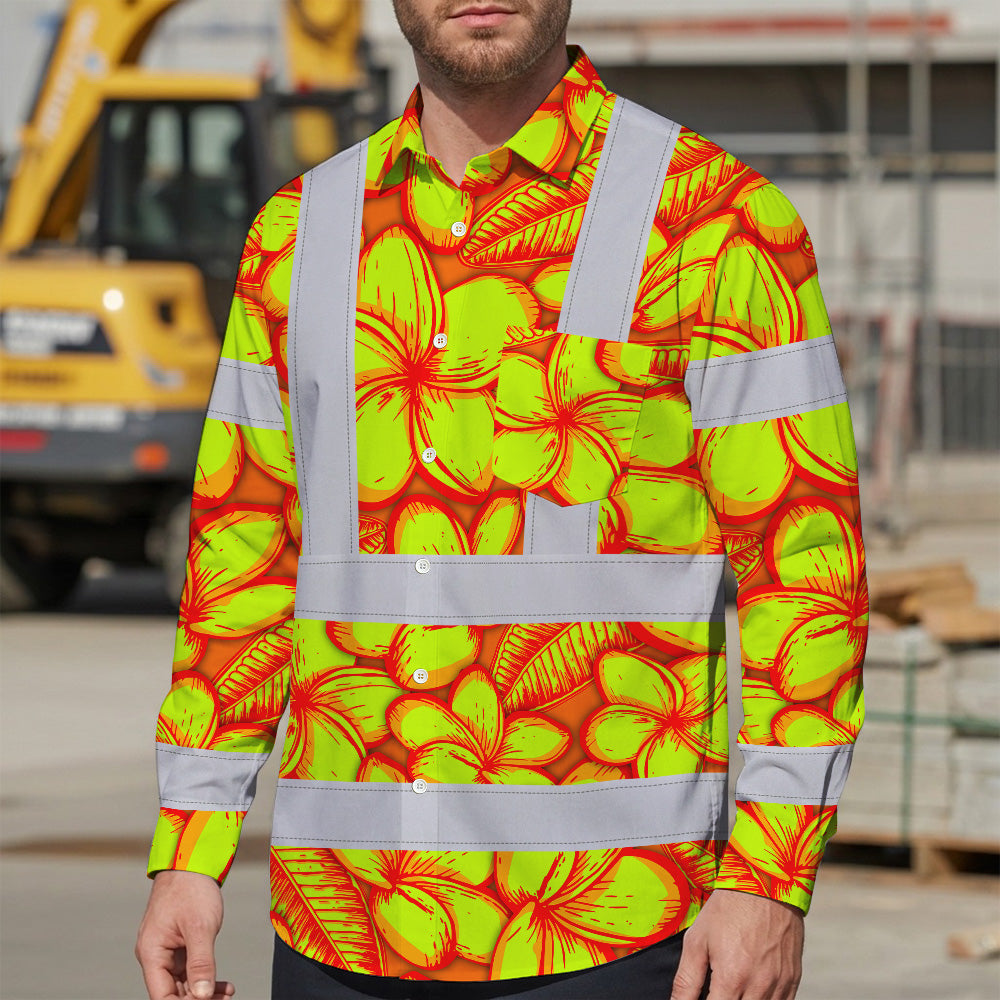 Hi Vis Hawaiian Long Sleeve Shirt Reflective Tapes Orange Neon Lime Plumeria Custom Name Safety Workwear For Workers, Truckers, Operators