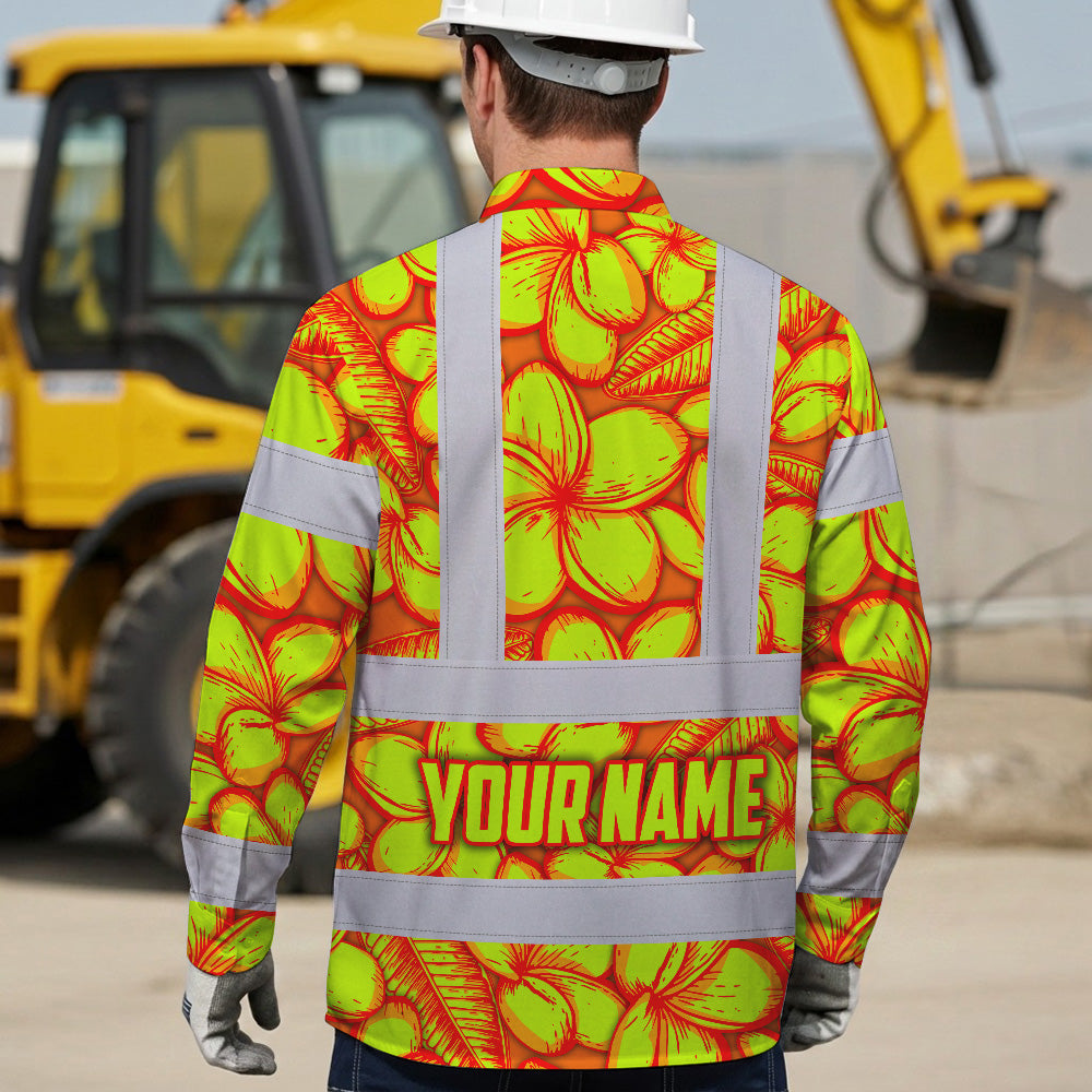 Hi Vis Hawaiian Long Sleeve Shirt Reflective Tapes Orange Neon Lime Plumeria Custom Name Safety Workwear For Workers, Truckers, Operators
