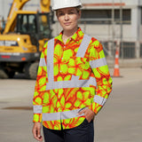 Hi Vis Hawaiian Long Sleeve Shirt Reflective Tapes Orange Neon Lime Plumeria Custom Name Safety Workwear For Workers, Truckers, Operators