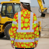 Hi Vis Hawaiian Long Sleeve Shirt Reflective Tapes Orange Neon Lime Plumeria Custom Name Safety Workwear For Workers, Truckers, Operators