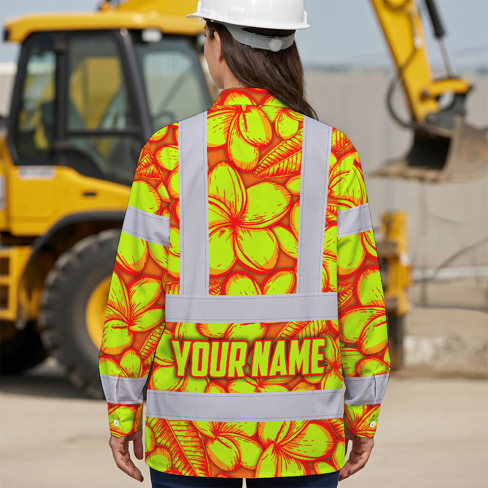 Hi Vis Hawaiian Long Sleeve Shirt Reflective Tapes Orange Neon Lime Plumeria Custom Name Safety Workwear For Workers, Truckers, Operators