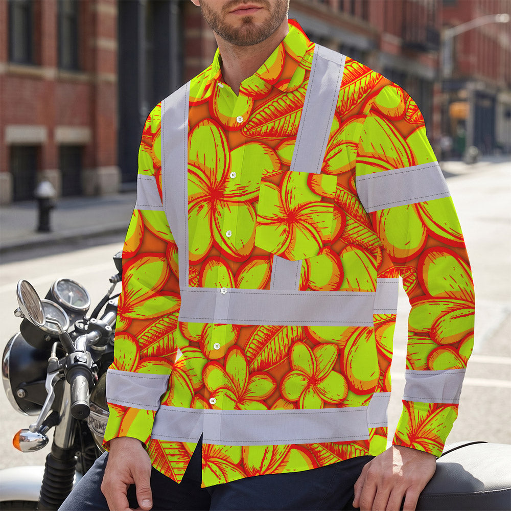 Hi Vis Hawaiian Long Sleeve Shirt Reflective Tapes Orange Neon Lime Plumeria Custom Name Safety Workwear For Workers, Truckers, Operators