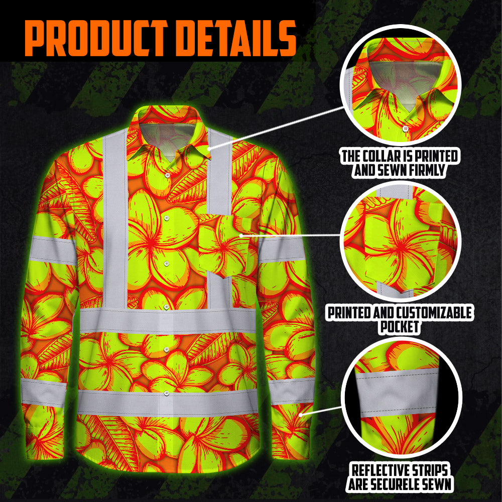 Hi Vis Hawaiian Long Sleeve Shirt Reflective Tapes Orange Neon Lime Plumeria Custom Name Safety Workwear For Workers, Truckers, Operators